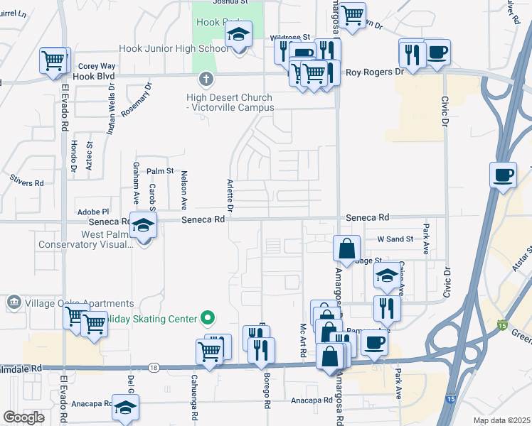 map of restaurants, bars, coffee shops, grocery stores, and more near 14998 Seneca Road in Victorville