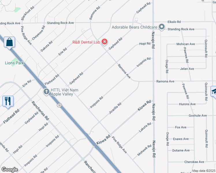 map of restaurants, bars, coffee shops, grocery stores, and more near 14444 Iroquois Road in Apple Valley