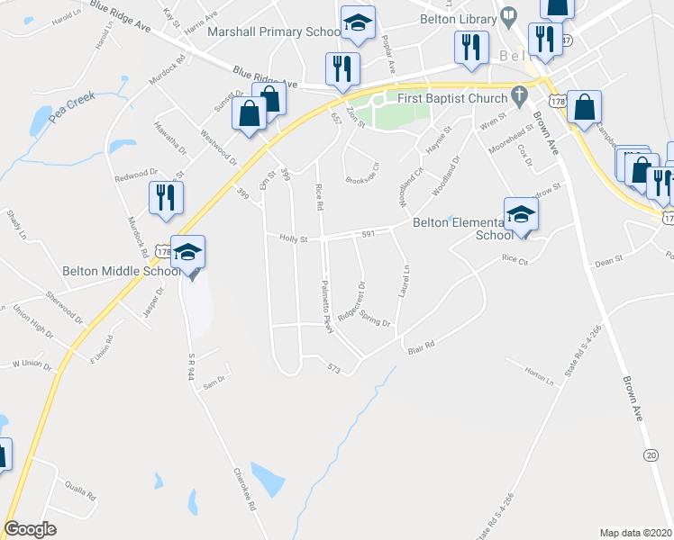 map of restaurants, bars, coffee shops, grocery stores, and more near 208 Palmetto Parkway in Belton