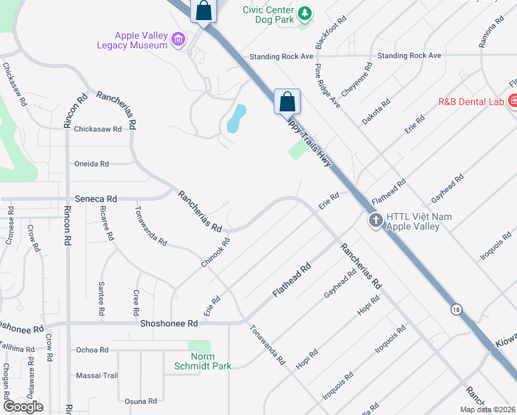 map of restaurants, bars, coffee shops, grocery stores, and more near 20670 Rancherias Road in Apple Valley