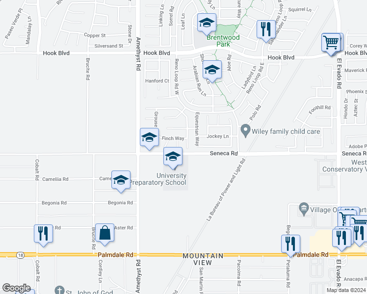 map of restaurants, bars, coffee shops, grocery stores, and more near 14530 Hummingbird Road in Victorville