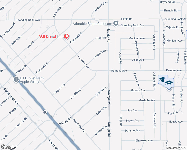 map of restaurants, bars, coffee shops, grocery stores, and more near 21581 Ramona Avenue in Apple Valley