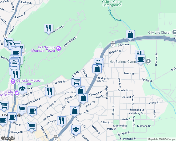 map of restaurants, bars, coffee shops, grocery stores, and more near 111 Polk Place in Hot Springs