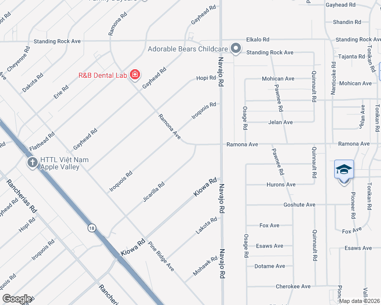 map of restaurants, bars, coffee shops, grocery stores, and more near 21581 Ramona Avenue in Apple Valley