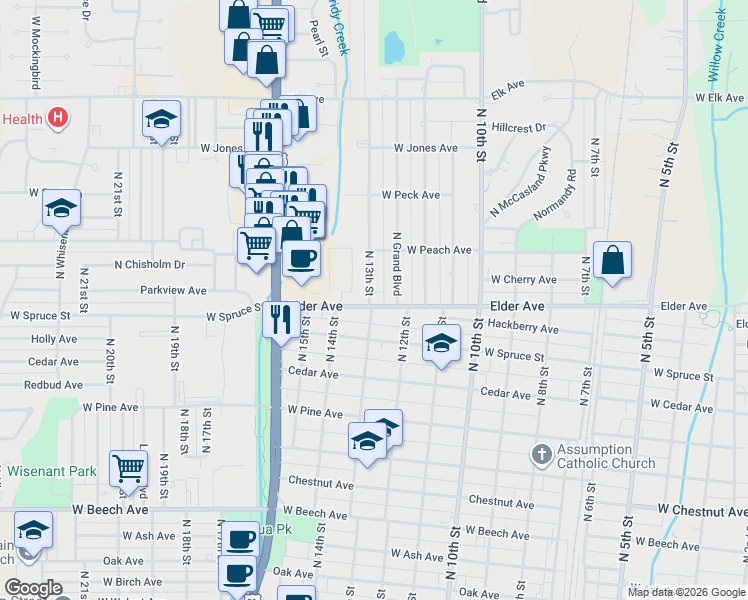 map of restaurants, bars, coffee shops, grocery stores, and more near 1109 North Grand Boulevard in Duncan