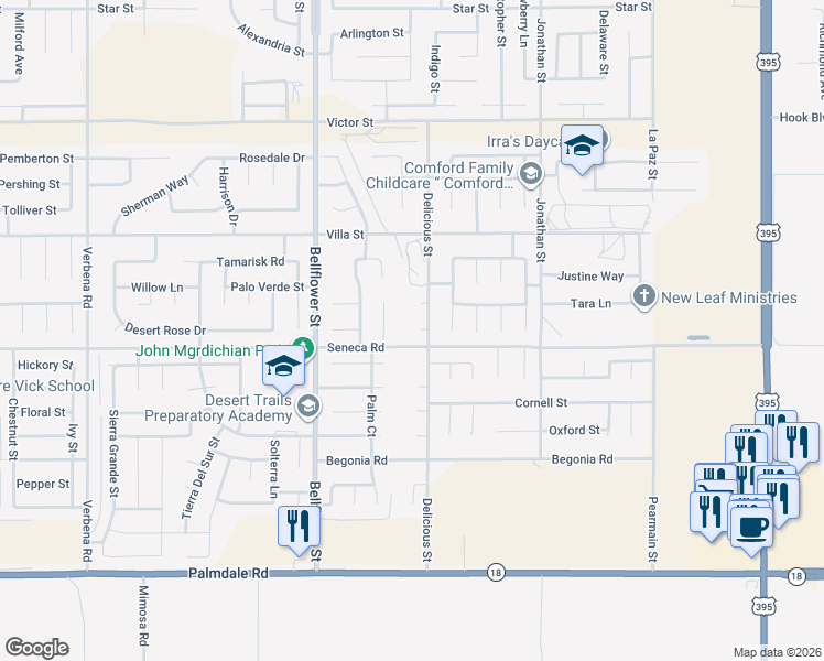 map of restaurants, bars, coffee shops, grocery stores, and more near 11474 Palisades Court in Adelanto