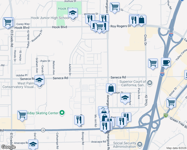 map of restaurants, bars, coffee shops, grocery stores, and more near 15160 Seneca Road in Victorville