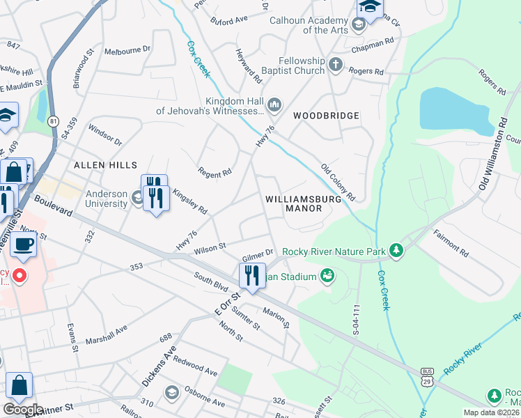 map of restaurants, bars, coffee shops, grocery stores, and more near 1018 Calhoun Drive in Anderson