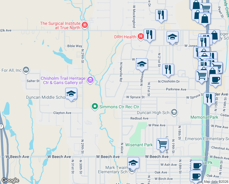 map of restaurants, bars, coffee shops, grocery stores, and more near 907 Harville Road in Duncan