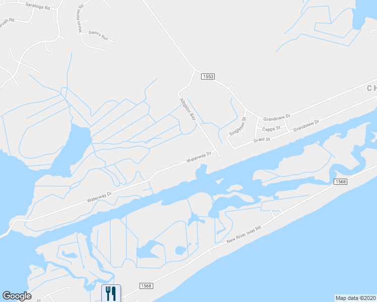 map of restaurants, bars, coffee shops, grocery stores, and more near 222 Waterway Drive in Sneads Ferry