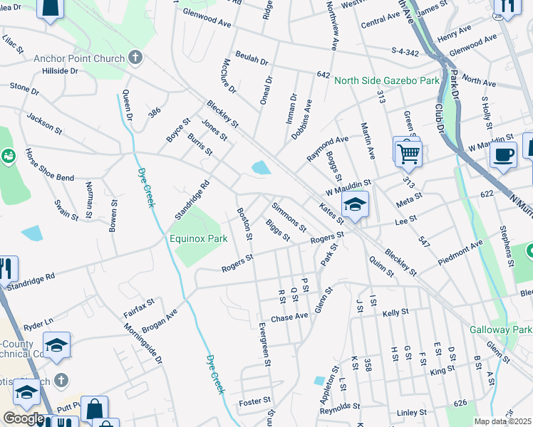 map of restaurants, bars, coffee shops, grocery stores, and more near 119 Simmons Street in Anderson