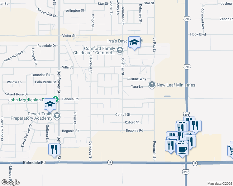 map of restaurants, bars, coffee shops, grocery stores, and more near 14528 Blue Sage Road in Adelanto