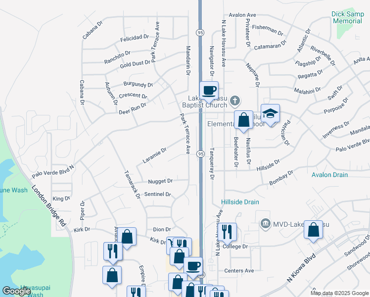 map of restaurants, bars, coffee shops, grocery stores, and more near 1421 Park Terrace Avenue in Lake Havasu City