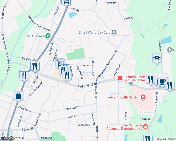 map of restaurants, bars, coffee shops, grocery stores, and more near 101 Ivy Lane in Calhoun