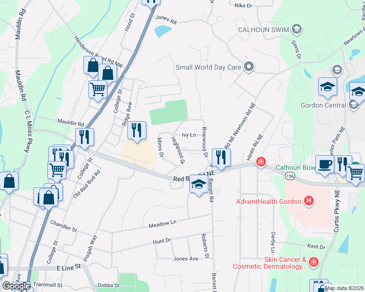 map of restaurants, bars, coffee shops, grocery stores, and more near 109 Ivy Lane in Calhoun