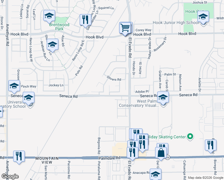 map of restaurants, bars, coffee shops, grocery stores, and more near 14553 Huntridge Court in Victorville