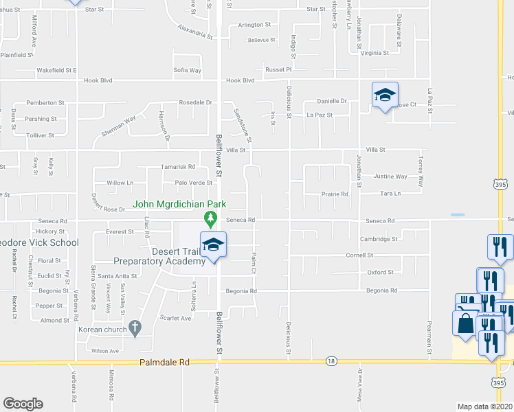 map of restaurants, bars, coffee shops, grocery stores, and more near 14563 Monterey Place in Adelanto