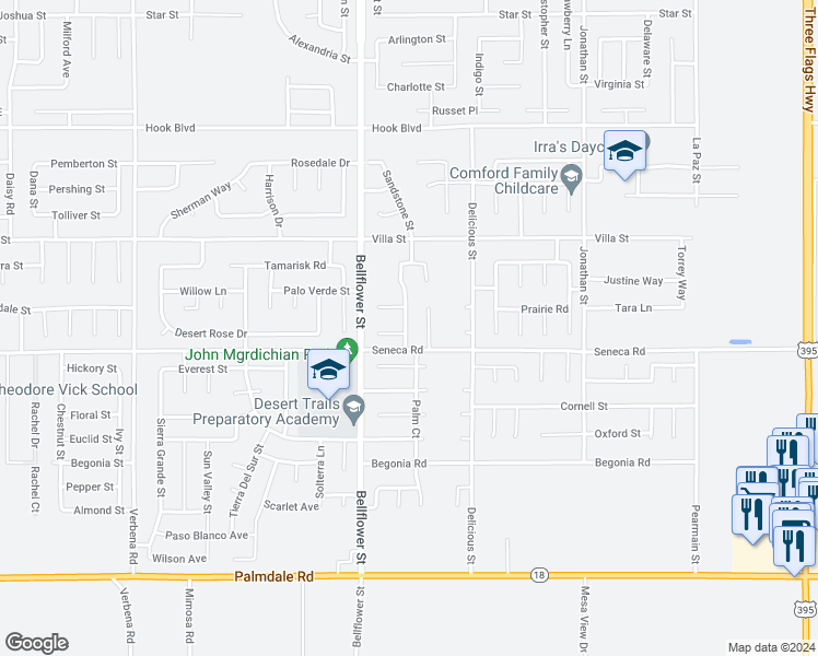 map of restaurants, bars, coffee shops, grocery stores, and more near 14547 Palm Street in Adelanto