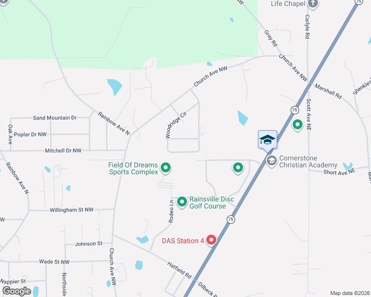 map of restaurants, bars, coffee shops, grocery stores, and more near 382 Woodridge Circle in Rainsville