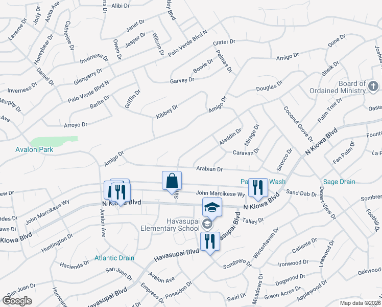 map of restaurants, bars, coffee shops, grocery stores, and more near 2936 Simitan Drive in Lake Havasu City
