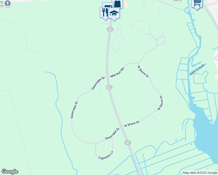 map of restaurants, bars, coffee shops, grocery stores, and more near Highway 210 in Sneads Ferry