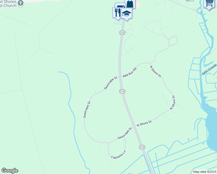 map of restaurants, bars, coffee shops, grocery stores, and more near 203 Seascape Drive in Sneads Ferry