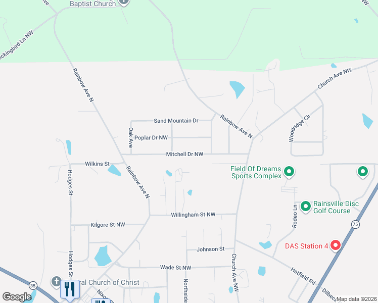 map of restaurants, bars, coffee shops, grocery stores, and more near 328 Mitchell Drive Northwest in Rainsville