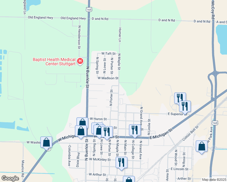 map of restaurants, bars, coffee shops, grocery stores, and more near 210 Roosevelt Place in Stuttgart