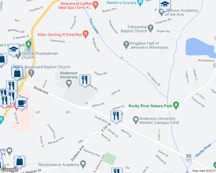 map of restaurants, bars, coffee shops, grocery stores, and more near 1015 Calhoun Drive in Anderson
