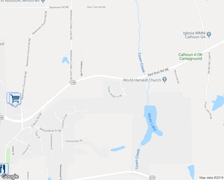 map of restaurants, bars, coffee shops, grocery stores, and more near 157 Timber Ridge Lane Northeast in Calhoun