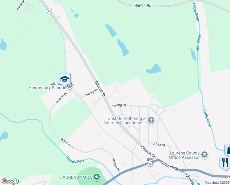 map of restaurants, bars, coffee shops, grocery stores, and more near 904 Church Street in Laurens