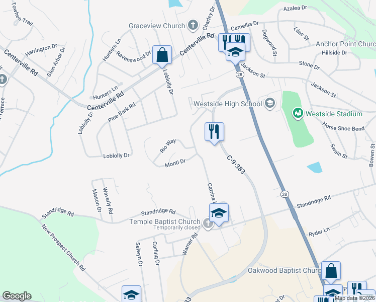 map of restaurants, bars, coffee shops, grocery stores, and more near 202 Rio Way in Anderson
