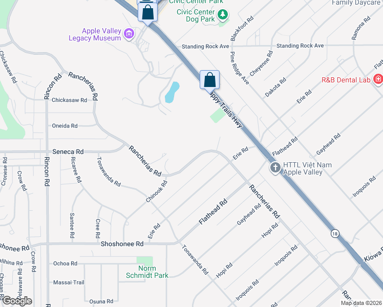 map of restaurants, bars, coffee shops, grocery stores, and more near 20670 Rancherias Road in Apple Valley