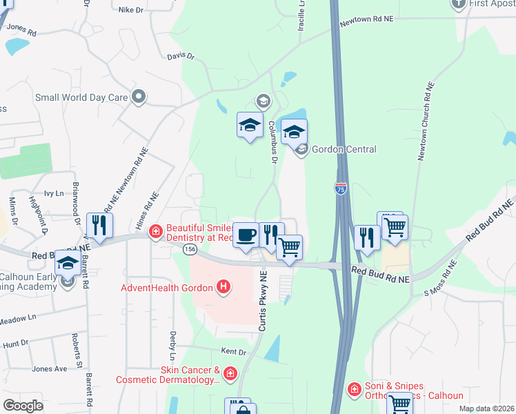 map of restaurants, bars, coffee shops, grocery stores, and more near 306 Warrior Path Northeast in Calhoun