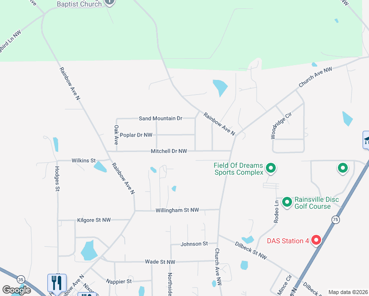 map of restaurants, bars, coffee shops, grocery stores, and more near 232 Mitchell Drive Northwest in Rainsville