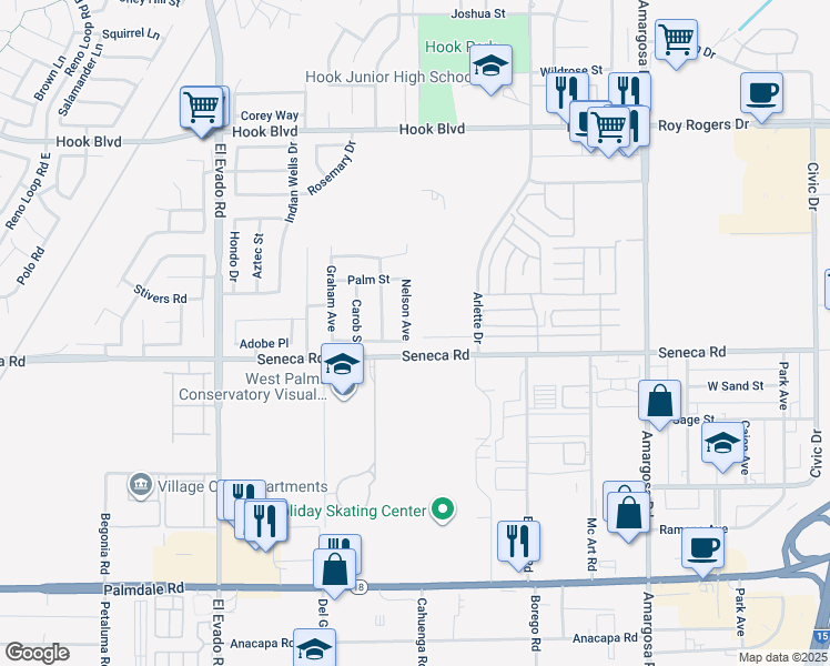 map of restaurants, bars, coffee shops, grocery stores, and more near 14541 Nelson Avenue in Victorville