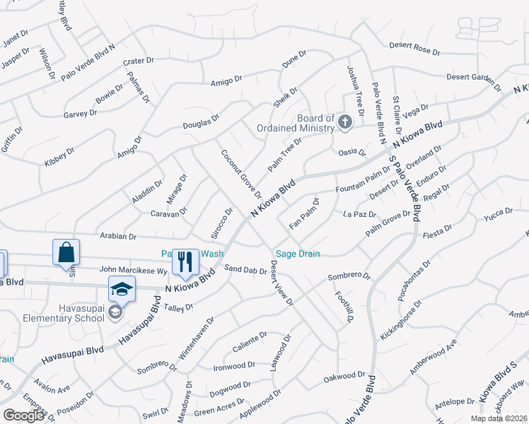 map of restaurants, bars, coffee shops, grocery stores, and more near 3150 North Kiowa Boulevard in Lake Havasu City