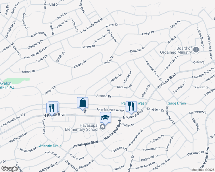 map of restaurants, bars, coffee shops, grocery stores, and more near 2970 Aladdin Drive in Lake Havasu City