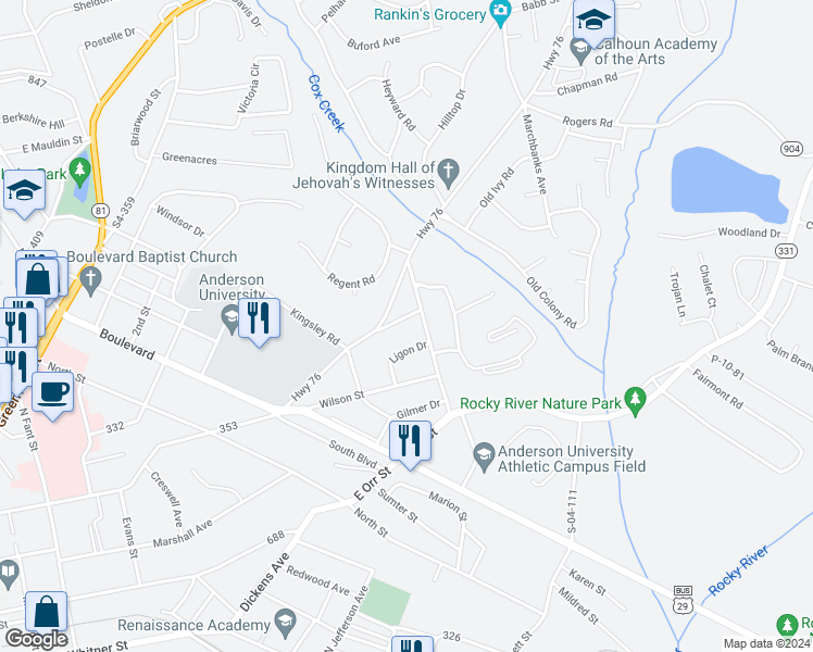 map of restaurants, bars, coffee shops, grocery stores, and more near 1016 Calhoun Drive in Anderson