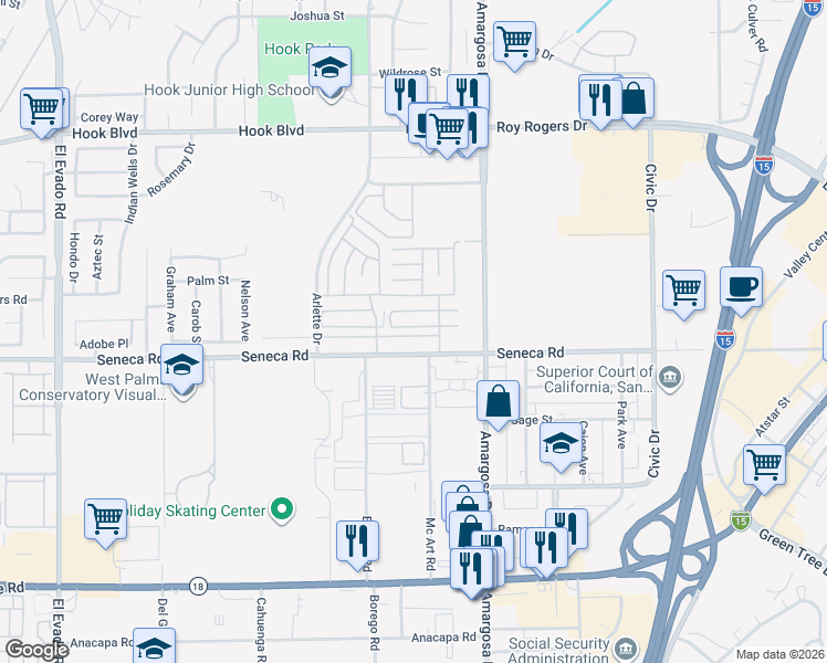 map of restaurants, bars, coffee shops, grocery stores, and more near 15160 Seneca Road in Victorville
