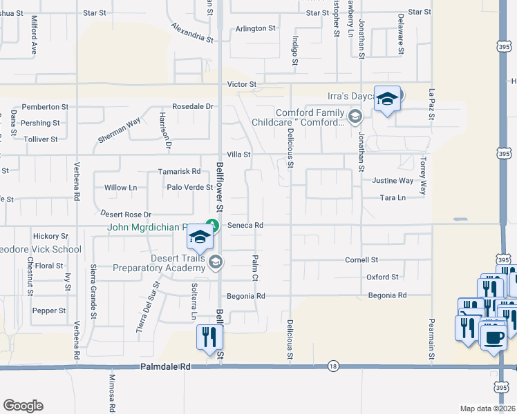 map of restaurants, bars, coffee shops, grocery stores, and more near 14554 Monterey Place in Adelanto