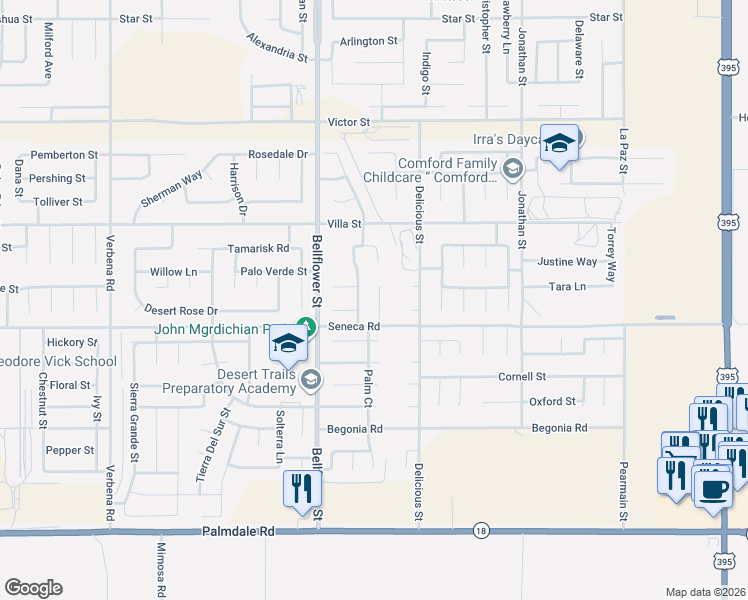 map of restaurants, bars, coffee shops, grocery stores, and more near 14554 Monterey Place in Adelanto