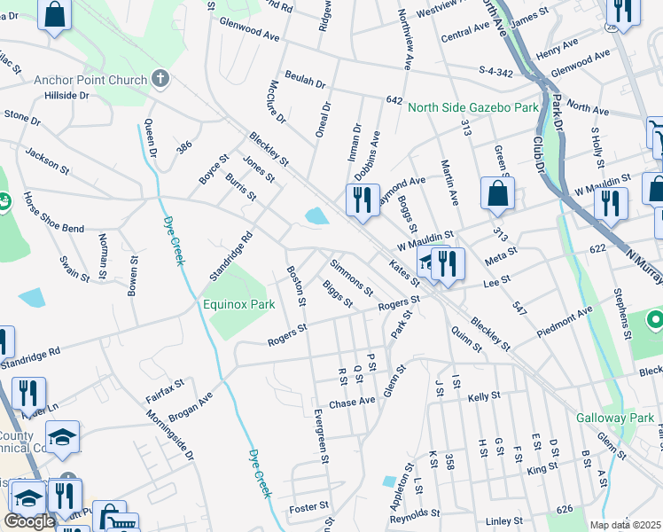 map of restaurants, bars, coffee shops, grocery stores, and more near 119 Simmons Street in Anderson