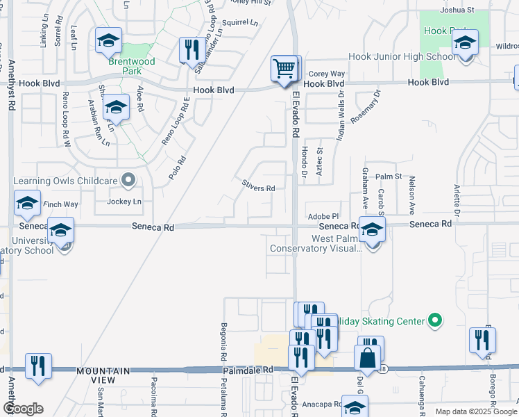 map of restaurants, bars, coffee shops, grocery stores, and more near 14405 Windmill Circle in Victorville