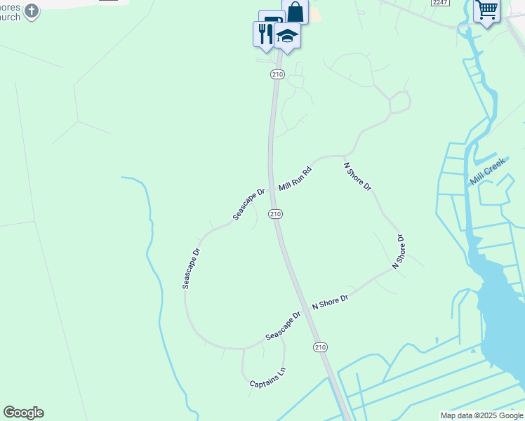 map of restaurants, bars, coffee shops, grocery stores, and more near 120 Salt Marsh Cove in Sneads Ferry