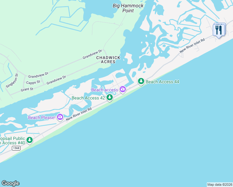 map of restaurants, bars, coffee shops, grocery stores, and more near 1611 New River Inlet Road in North Topsail Beach