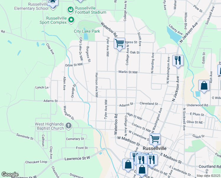 map of restaurants, bars, coffee shops, grocery stores, and more near 199 Hendrix Drive in Russellville