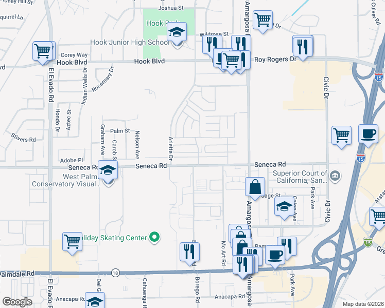 map of restaurants, bars, coffee shops, grocery stores, and more near 15252 Seneca Road in Victorville