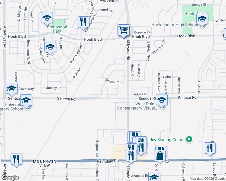 map of restaurants, bars, coffee shops, grocery stores, and more near 14405 Windmill Circle in Victorville