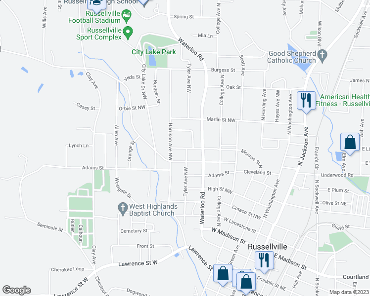 map of restaurants, bars, coffee shops, grocery stores, and more near 708 Monroe Street Northwest in Russellville